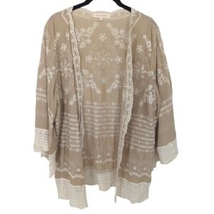 Solitaire Kimono Women Large Tan Embroidered Lace Oversize Boho Neutral Festival